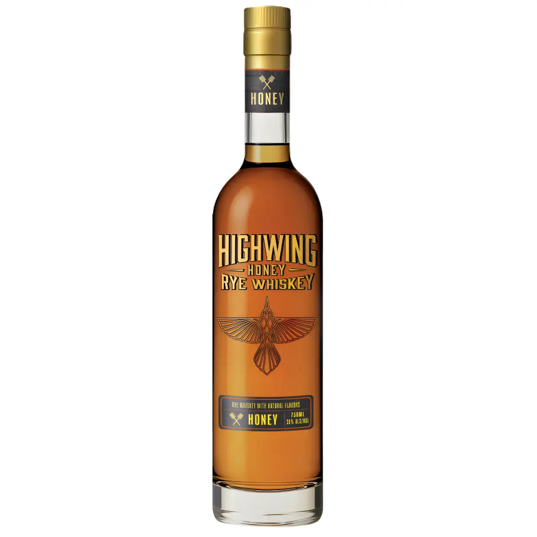 A tall bottle of HIGH WING’s HIGHWING Honey Rye Whiskey features a gold cap, amber whiskey, and a label with a gold flying bird and bold yellow text.