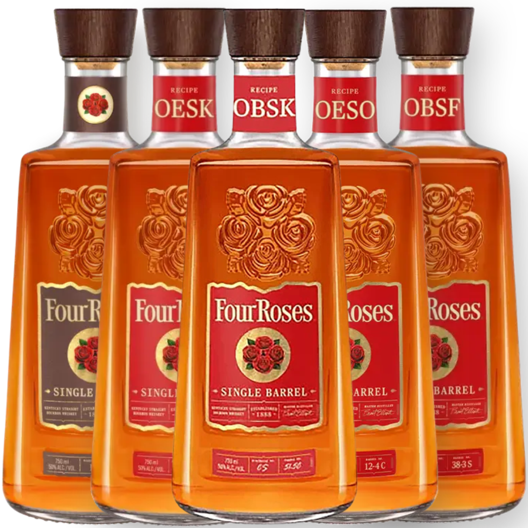 Five bottles from the Four Roses Single Barrel Collection—OBSV, OBSF, OESK, OESO, and OBSK—stand in a row, each displaying the brand’s signature red and gold label with rose emblem and unique recipe codes on the neck.