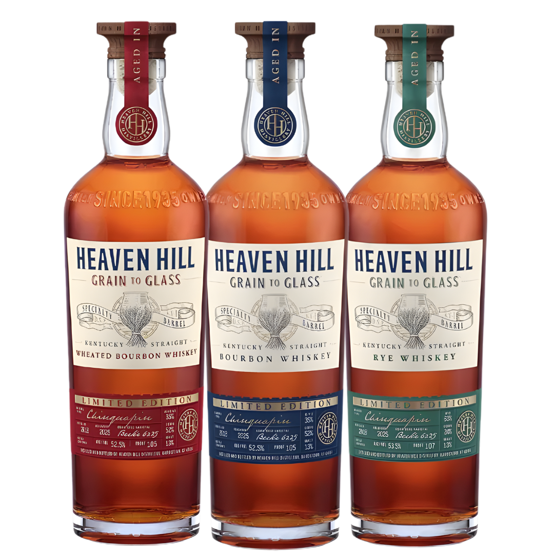 The Heaven Hill Grain to Glass Chinquapin Oak Series Bundle Limited Edition from Heaven Hill Distillery features three bottles with red, blue, and green caps, each reflecting the unique diversity of premium American whiskey.