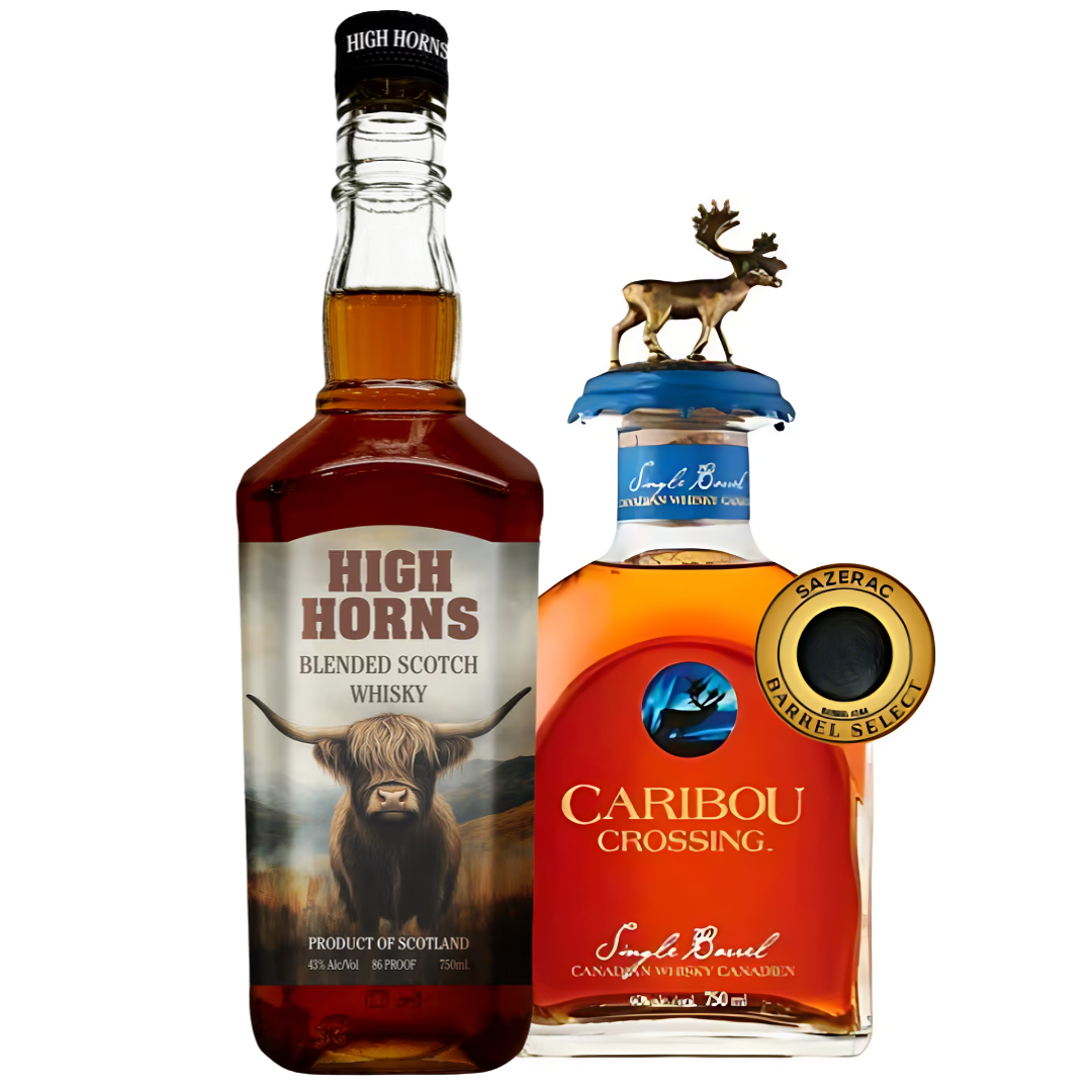 The Main Street Liquor Caribou Crossing Single Barrel Private Store Pick + High Horns Scotch Bundle includes two distinctive bottles, making it a standout whisky gift set.