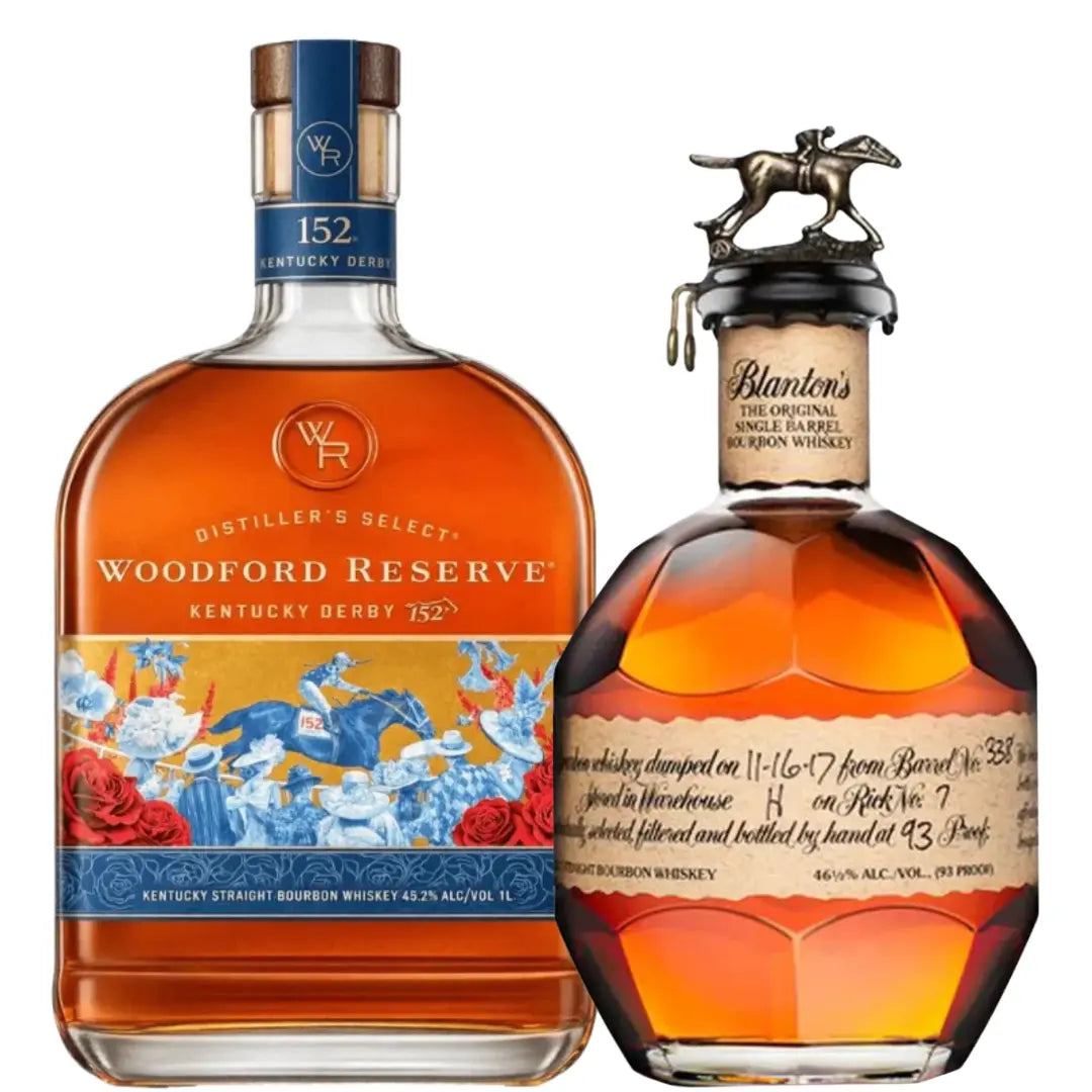 The Main Street Liquor Horse Racing Series Bourbon Bundle 2026 includes Woodford Reserve Kentucky Derby 152 and Blanton’s Original Single Barrel—ideal for bourbon and horse racing enthusiasts.