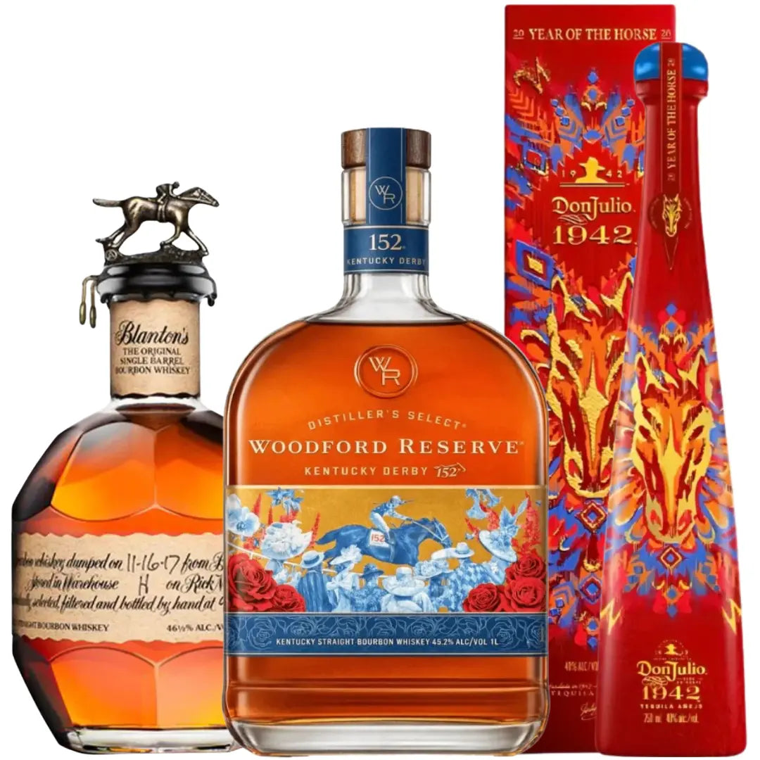 The Main Street Liquor Horse Racing Series Legacy Bundle 2026 includes Blanton’s Original Single Barrel Bourbon, Woodford Reserve Kentucky Derby 152 Edition 1L, and Don Julio 1942 Year Of The Horse tequila.