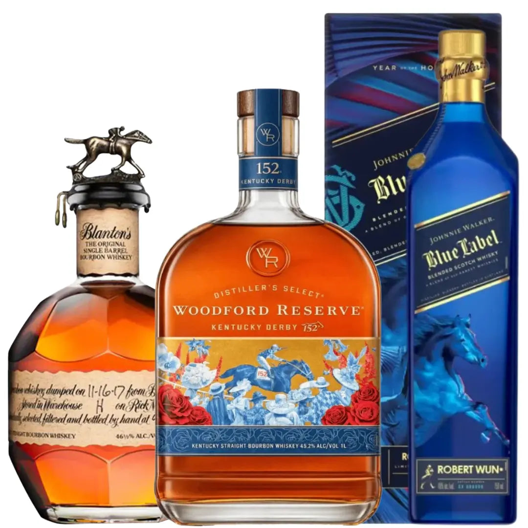 The Main Street Liquor Horse Racing Series Elite Bundle 2026 features Blanton’s Original Single Barrel Bourbon, Woodford Reserve Kentucky Derby 152 Edition 1L, and Johnnie Walker Year of the Horse Lunar New Year.