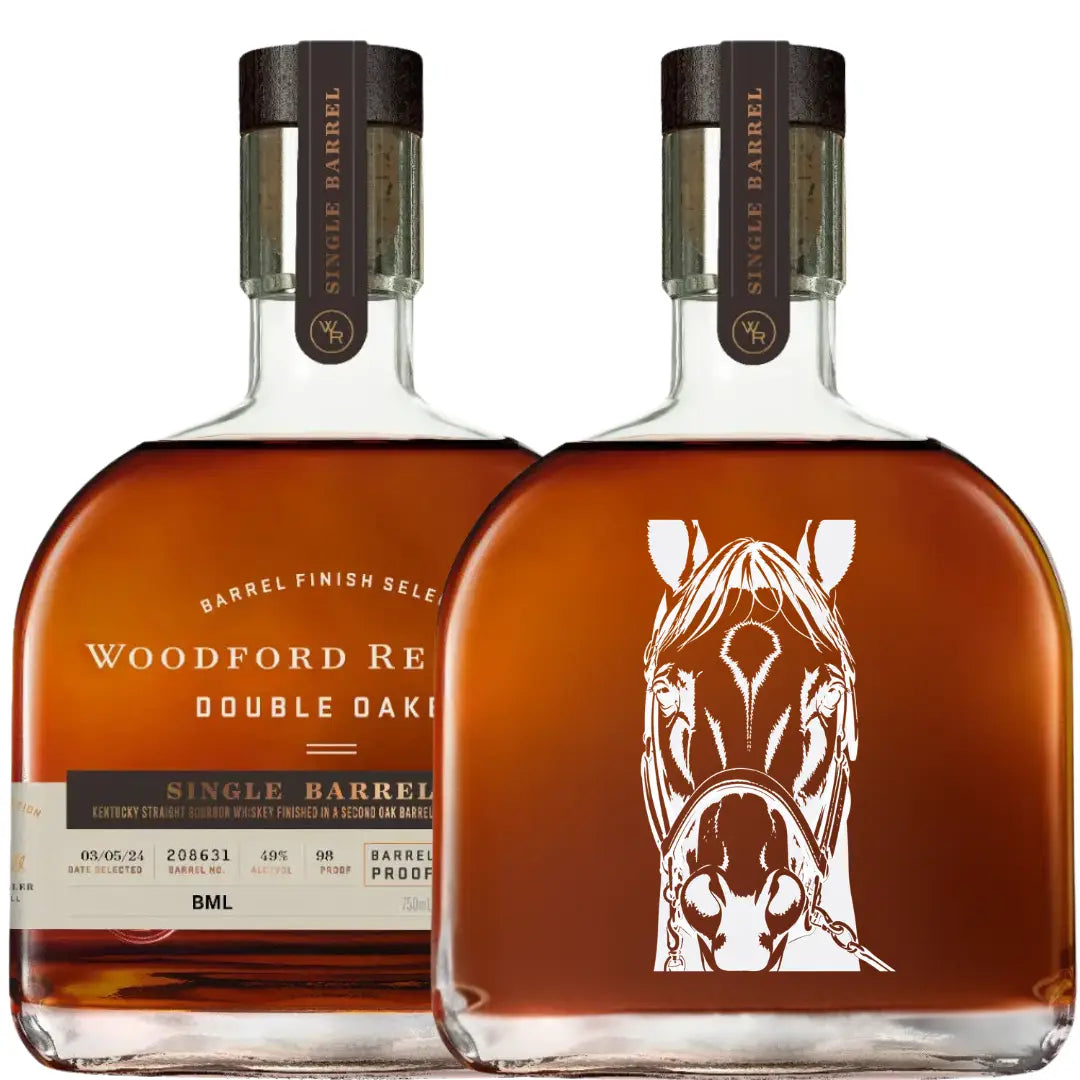 Two bottles of Woodford Reserve Derby Bundle: Kentucky Derby 152 Edition—one with the standard label, the other custom engraved with a horse head. Ideal for collectors of Woodford Reserve or Kentucky Derby bourbon.