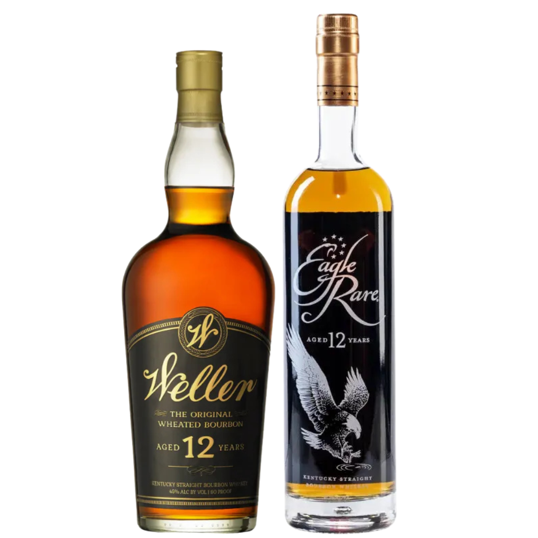 The Buffalo Trace Weller Rare Elite Bundle features Weller 12 Year and Eagle Rare 12 Year bourbons, both with rich amber liquid. Weller appears on the left, Eagle Rare on the right.
