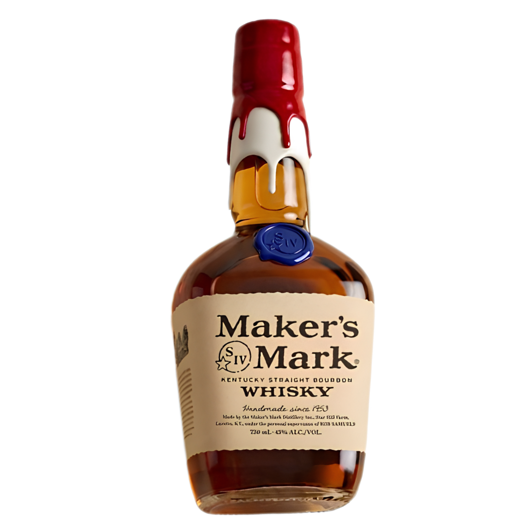 A bottle of Maker's Mark America's 250th Anniversary Bourbon Whiskey, with its signature red wax seal and tan label, set against a white background—a collectible limited-edition bourbon perfect for enthusiasts.