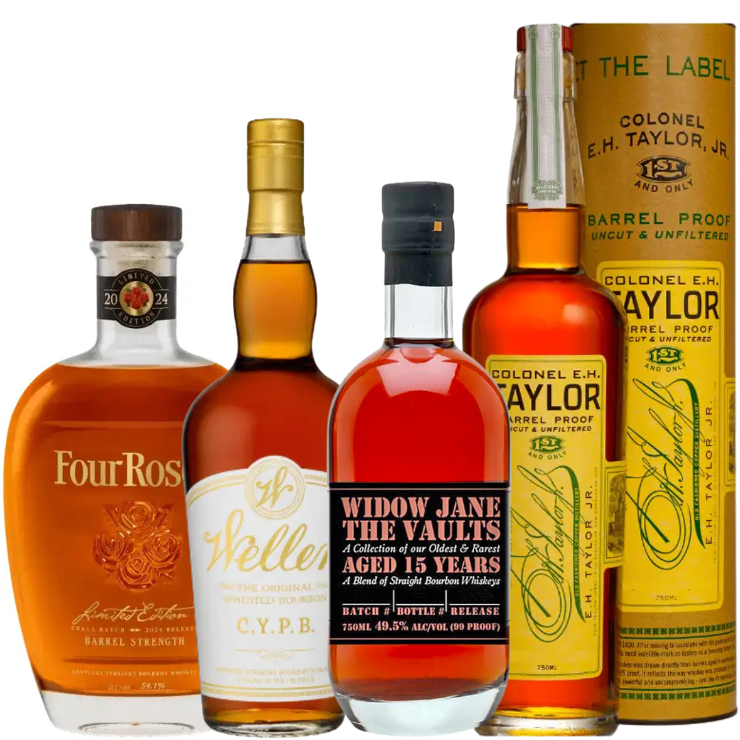 The Bourbon Legendary Collector Bundle from Main Street Liquor features W.L. Weller C.Y.P.B., Widow Jane The Vaults 2025 15 Year, E.H. Taylor Barrel Proof, and Four Roses 2024 Small Batch—an impressive set for bourbon collectors.