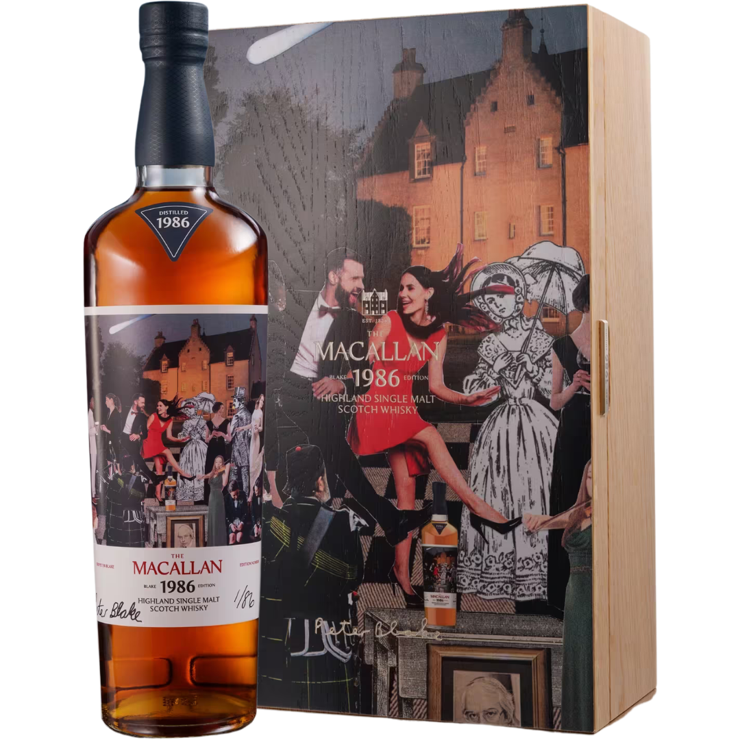 A bottle of The Macallan Romantica Collection The Music Room by Sir Peter Blake stands before its box, decorated with colorful vintage-style artwork of people celebrating outside a grand building.