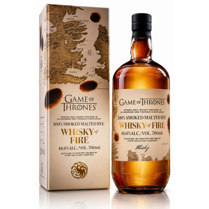 A 700mL bottle and box of Kyrö x Game of Thrones Whisky of Fire (PRE-ORDER) by Kyro Distillery, made with 100% smoked malted rye (46.6% ABV), features a burnt parchment design with a dragon—perfect for true fans.
