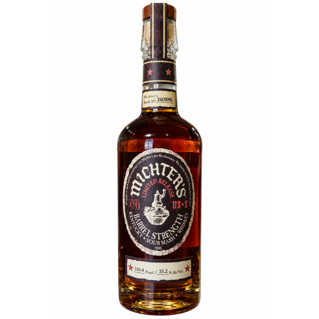 A 700mL bottle of Michter’s US1 Barrel Strength Kentucky Sour Mash Whiskey 2026 Release, featuring a dark label with gold and red accents and an amber liquid, showcases the Michter&