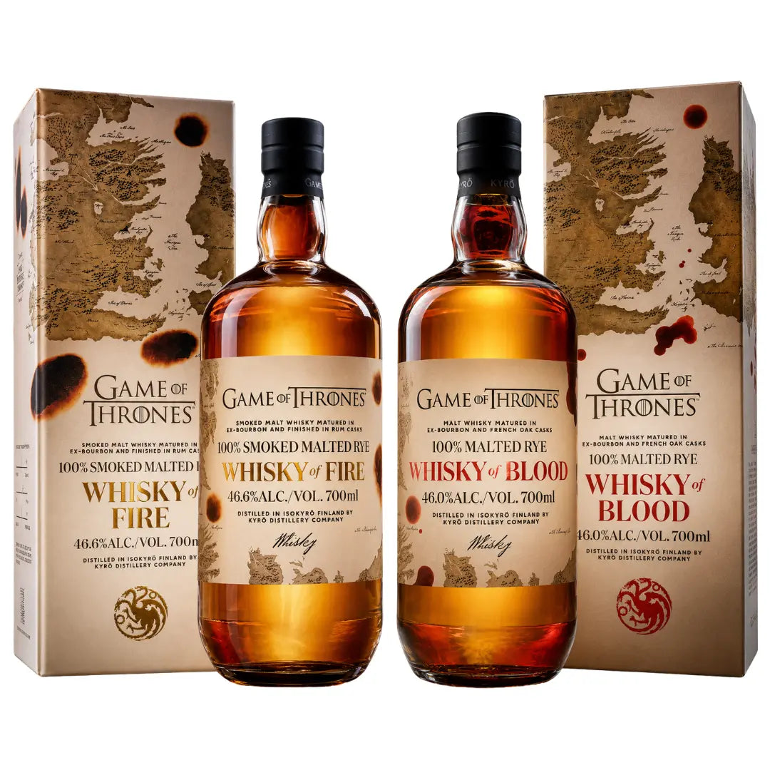 The Kyrö x Game of Thrones Whisky of Fire & Blood Bundle (PRE-ORDER) from Main Street Liquor features two bottles with matching map-and-sigil boxes—a dramatic set perfect for any fan and inspired by Finnish rye whisky tradition.