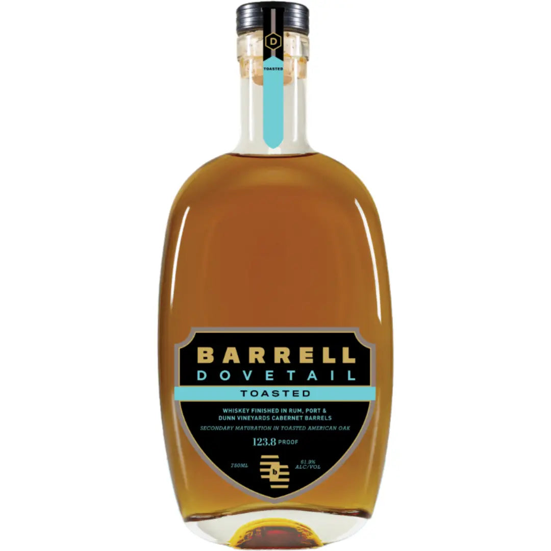 A 123.4-proof bottle of Barrell Craft Spirits’ Barrell Dovetail Toasted Black Label Series Whiskey, a limited release with a clear label and black-teal accents, detailing finishing in rum, port, and cabernet barrels.