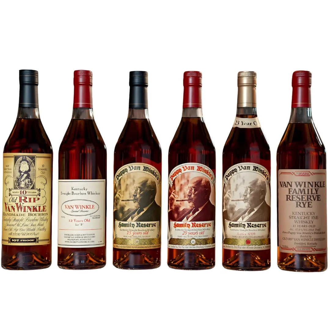 The Pappy Van Winkle’s Family Lineup Bundle Complete 6-Bottle Collection includes six distinct bottles, ideal for collectors, each with unique labels and ages from the renowned Pappy Van Winkle brand.