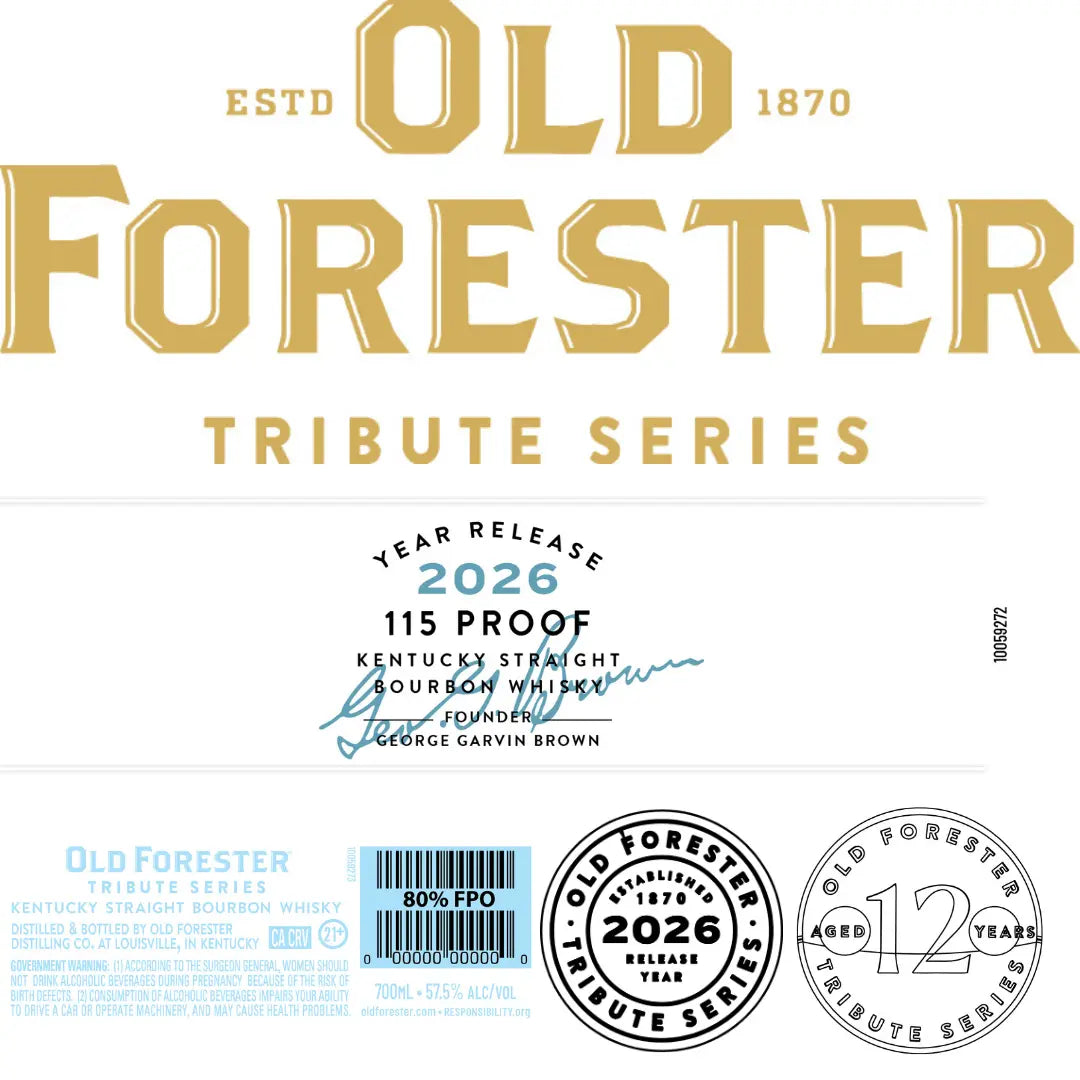 Old Forester Tribute Series 2026 12 Year Aged Kentucky Straight Bourbon, 700mL, limited edition, 115 proof. Gold & black text label features founder George Garvin Brown’s signature. Brand: Old Forester.