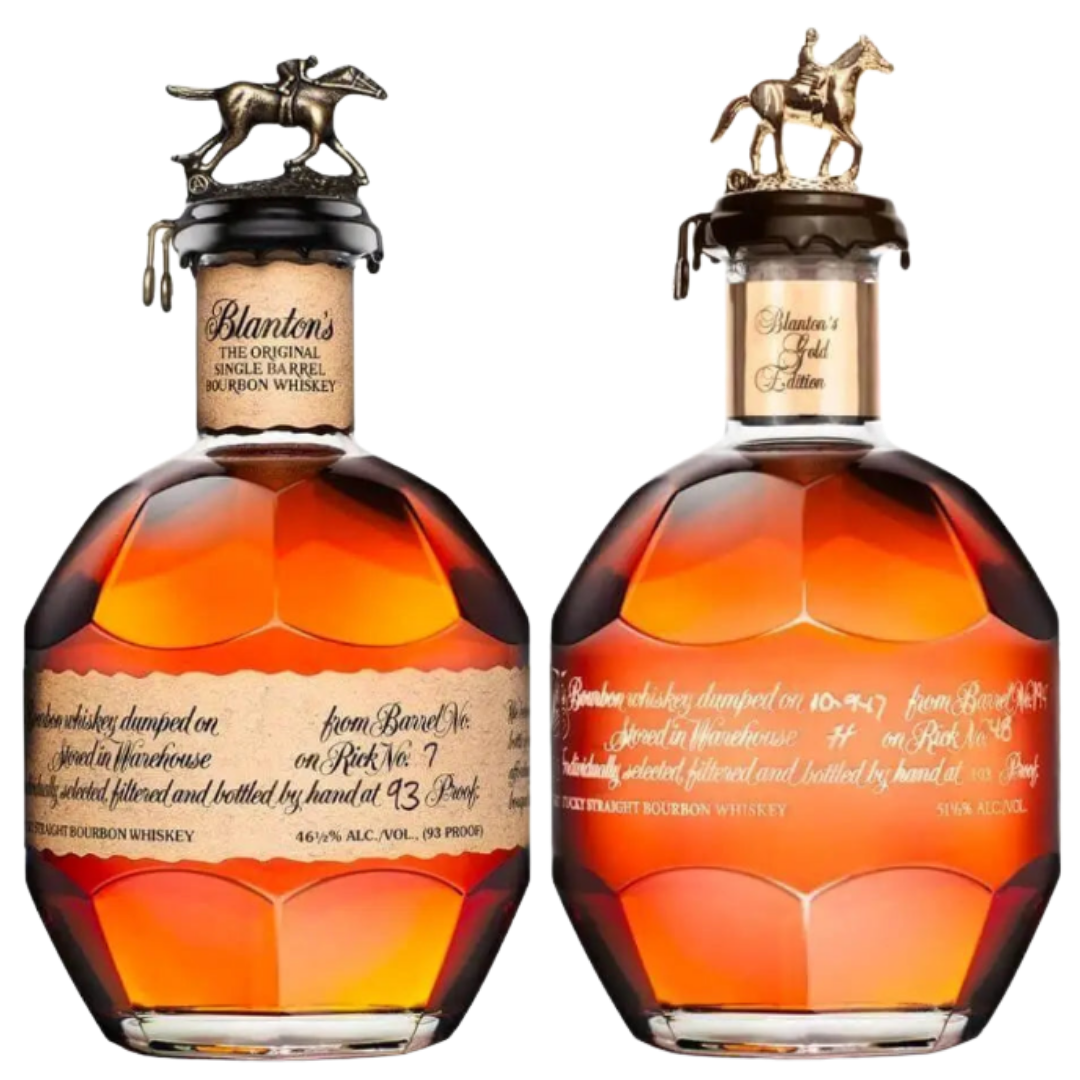 The Blanton’s Original Single Barrel & Gold Edition Bundle by Blanton's Bourbon features two bottles with iconic horse-and-jockey caps, faceted sides, and gold labels detailing batch and barrel from Buffalo Trace Distillery.