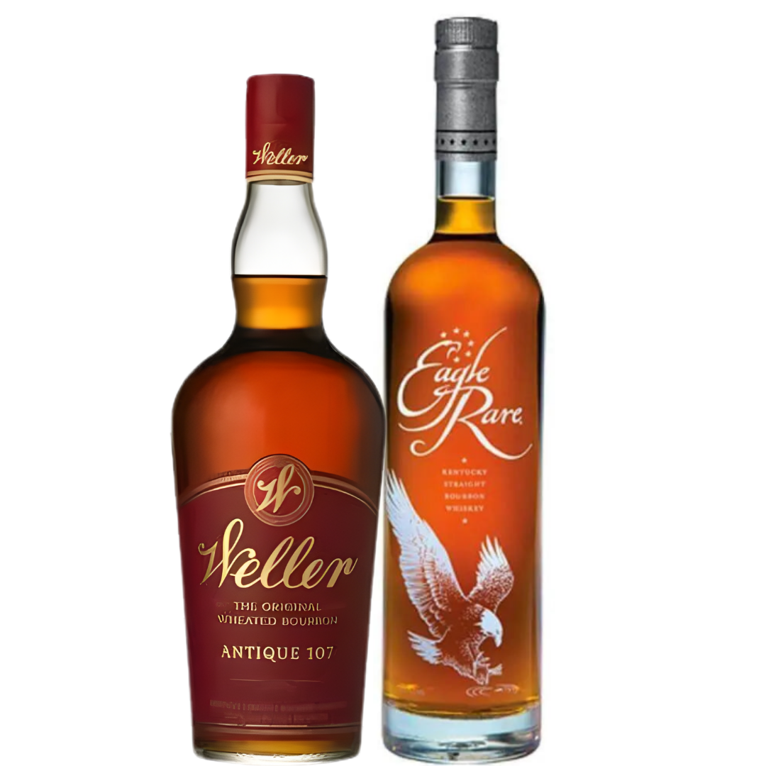The Rare Antique Bundle from Buffalo Trace includes Weller Antique 107 with its red label and gold accents, and Eagle Rare 10 Year in a tall bottle featuring a silver cap and an eagle illustration. Each is presented in a 700mL size.