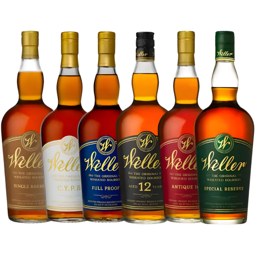 Six bottles of Buffalo Trace’s Weller Full Line Up Bundle—Special Reserve, 12 Year, Antique 107, CYPB, Full Proof, and Single Barrel—are displayed side by side.