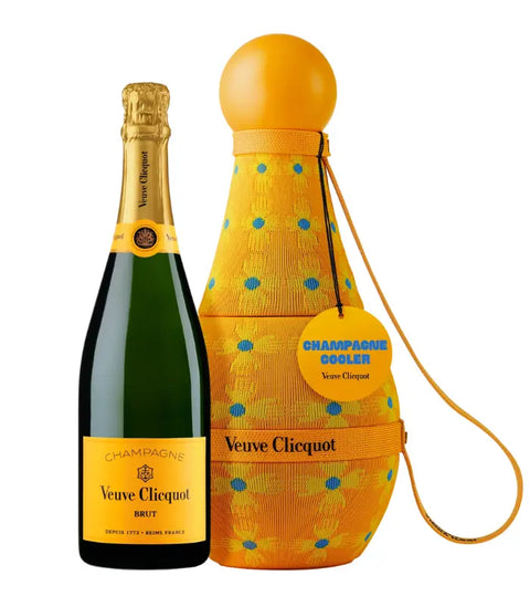 The Veuve Clicquot Brut The Sun Totem Champagne Cooler 750mL features a bottle with a bright yellow bowling pin-shaped cooler with blue dots and an orange strap—an eye-catching gift from Veuve Clicquot.