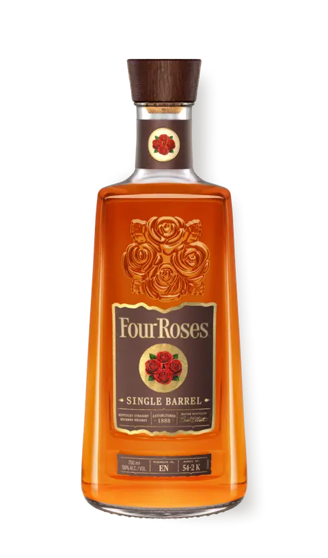 A bottle of Four Roses OBSV Single Barrel Bourbon features a wooden cap, amber liquid, and a gold rose label with a red rose emblem, crafted by Four Roses from a high-rye mash bill for bold yet smooth flavor.