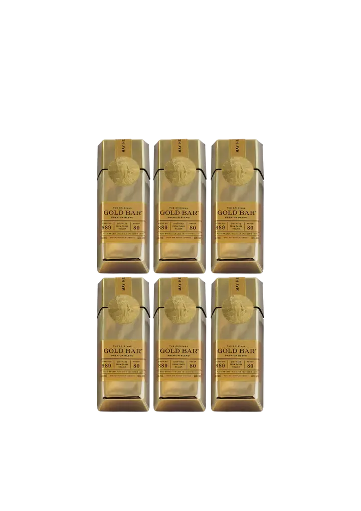 Six Gold Bar Original Mini 50ml bottles from Gold Bar are arranged in two rows of three on a plain white background. Each rectangular gold-colored bottle features embossed designs and the text "GOLD BAR.