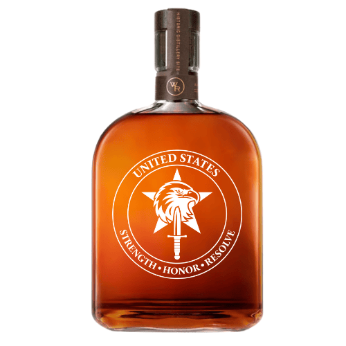The American Resolve – Custom Military Tribute Bourbon Bottle by Memory Bottles features a brown cap and a white eagle head, sword, and star emblem with "United States Strength • Honor • Resolve"—a perfect patriotic military gift.