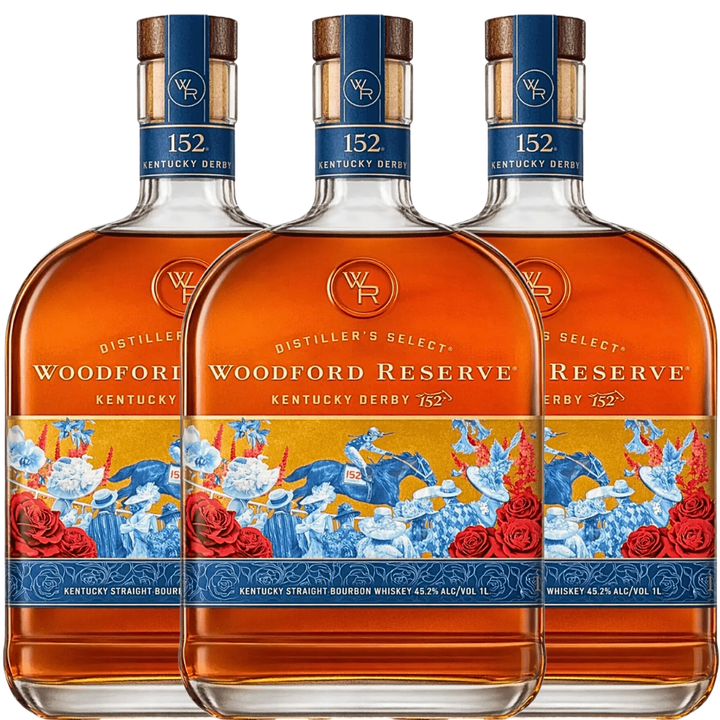 Three 1L bottles of Woodford Reserve Kentucky Derby 152 Edition (PRE-ORDER), with vibrant horse, blue and red rose, and gold-accented labels, are shown side by side in the image.