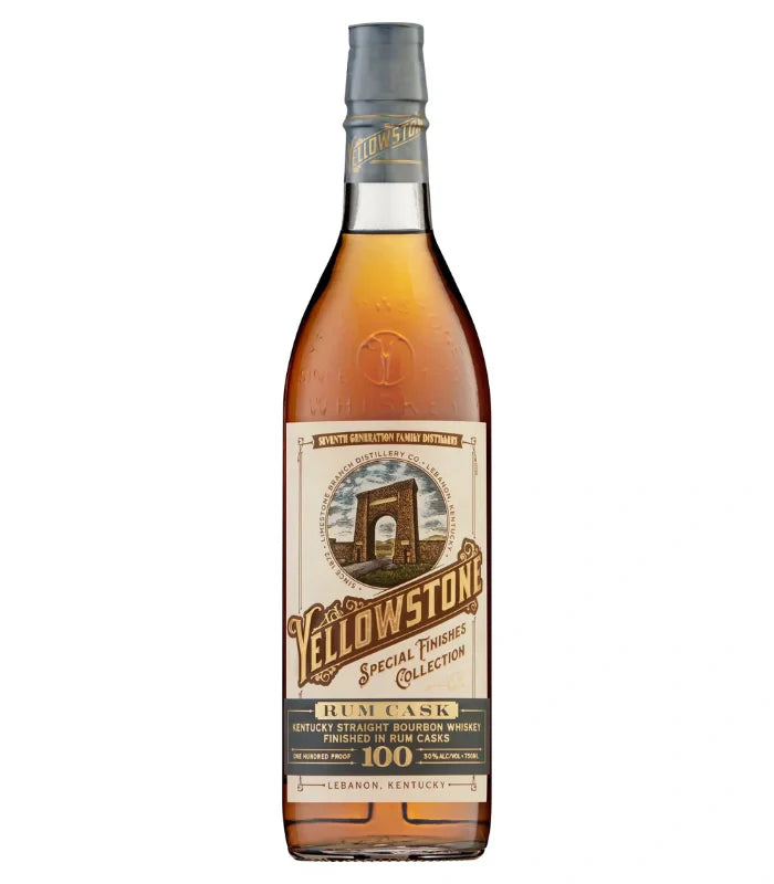 A bottle of Yellowstone Rum Cask Bourbon Special Finishes Collection 750mL, featuring a beige and gold label with an arch illustration, labeled as Kentucky straight bourbon whiskey finished in rum casks.