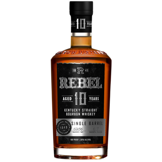 A bottle of Rebel Yell Rebel 10 Year Old Single Barrel Bourbon features a black label with "Aged 10 Years" and "Single Barrel" text, filled with amber, hand-bottled smooth wheated bourbon.