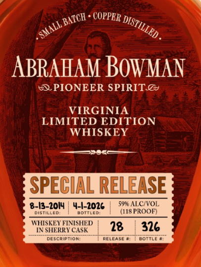 A. Smith Bowman Distillery’s Abraham Bowman Virginia Special Release Whiskey Sherry Cask Finish bottle label features distillation and bottling dates, 59% alcohol, sherry cask finish notes, and a rustic background design.