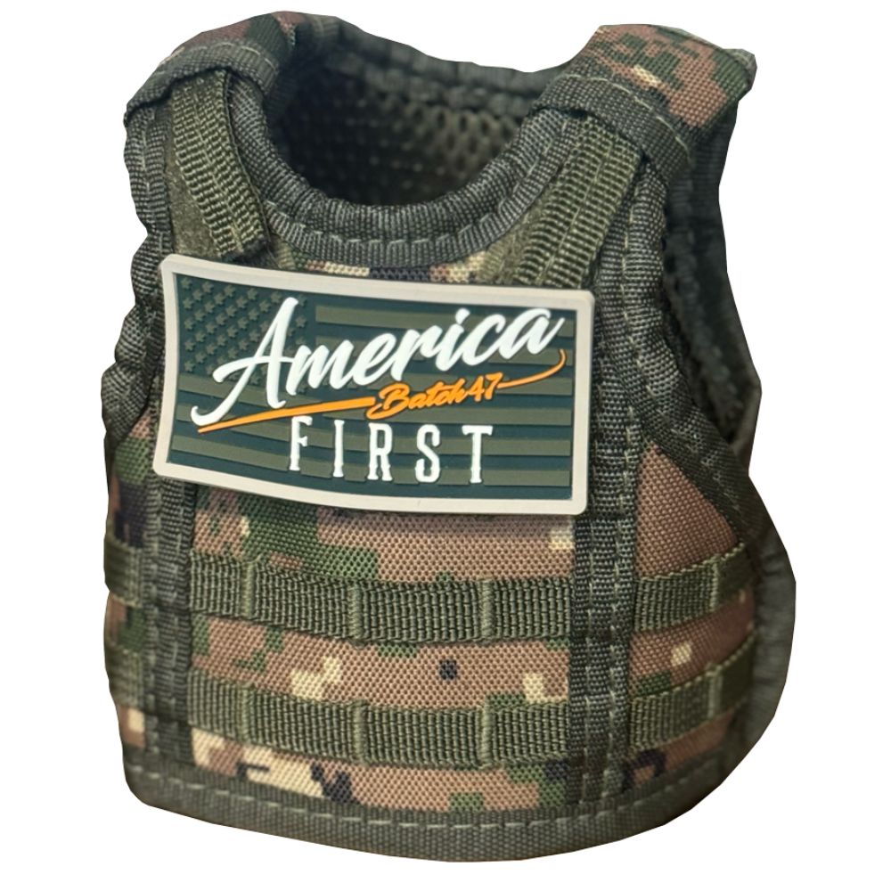 A camouflage vest featuring an American flag patch with "America First" and "Batch 47"—a must-have for fans of America First Straight Bourbon Whiskey or collectors of the America First 3 Pack.
