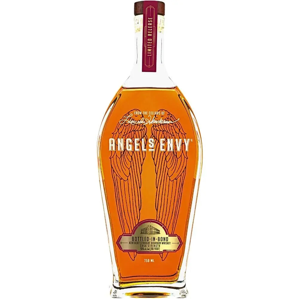 Angel's Envy Bottled-In-Bond Cask Strength 750ml bourbon whiskey bottle with angel wings design