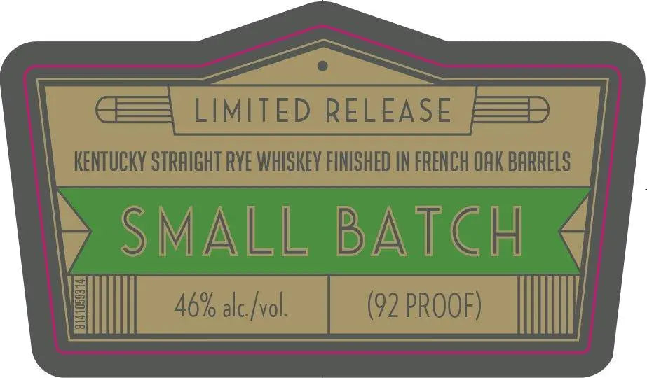 The Angel's Envy Unique & Rare Rye Whiskey Finished In French Oak Barrels label features brown and green colors with striking geometric accents. It’s a small batch Kentucky Straight Rye, 46% alc./vol. (92 proof), limited release by Angel's Envy.