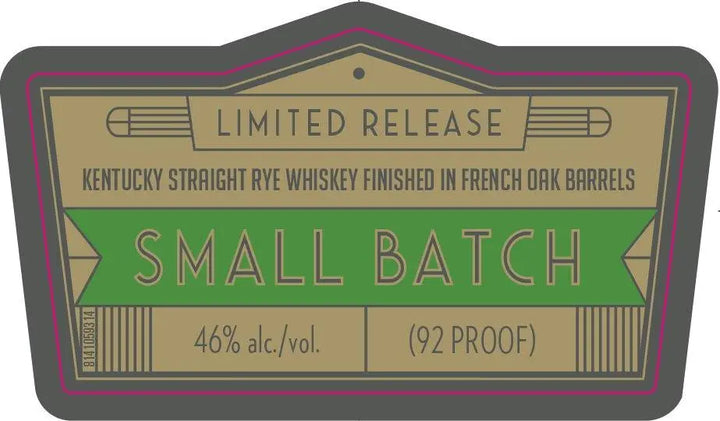 The Angel's Envy Unique & Rare Rye Whiskey Finished In French Oak Barrels label features brown and green colors with striking geometric accents. It’s a small batch Kentucky Straight Rye, 46% alc./vol. (92 proof), limited release by Angel's Envy.