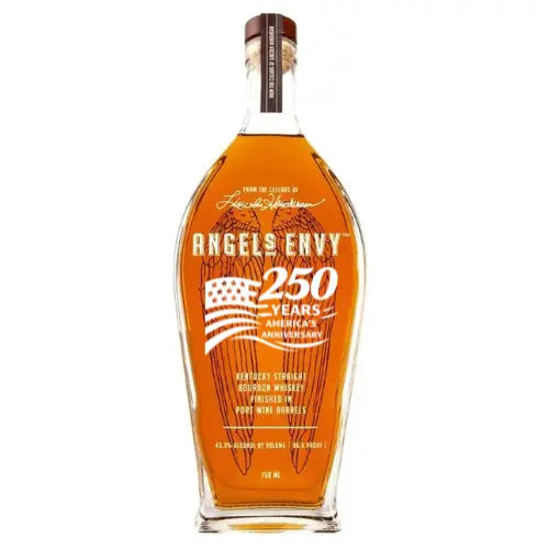The Memory Bottles Angel’s Envy 250 Years America Custom Deep Etching 750ml features a special label with a stylized American flag and gold text to celebrate America’s 250th Anniversary.