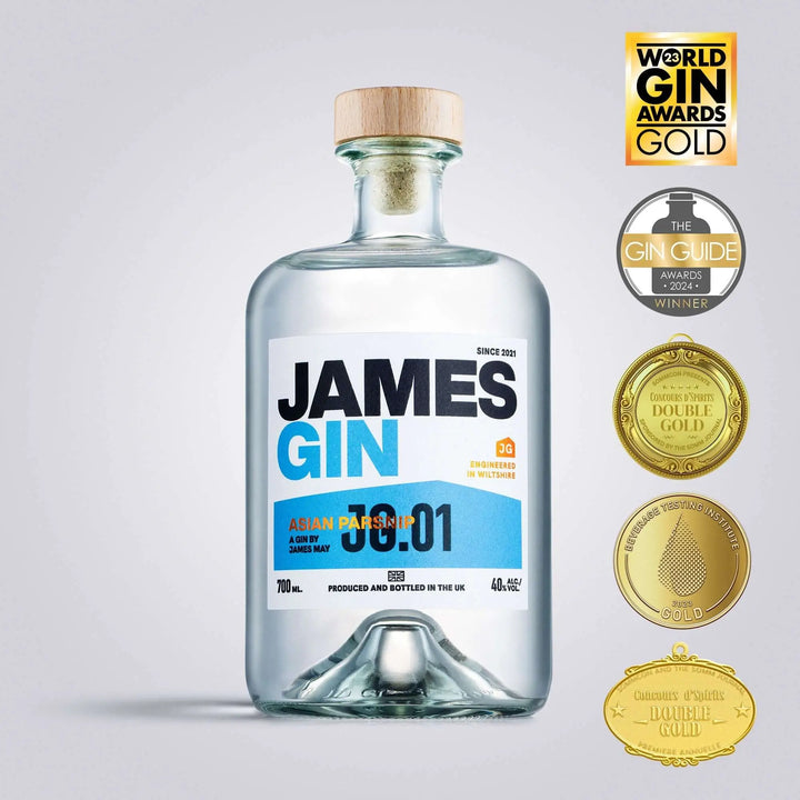 A clear 700mL bottle of James Gin Asian Parsnip 80 Proof with wooden cap and a souvenir gift key chain is shown alongside four gold award medals—showcasing this premium British gin’s award-winning quality.