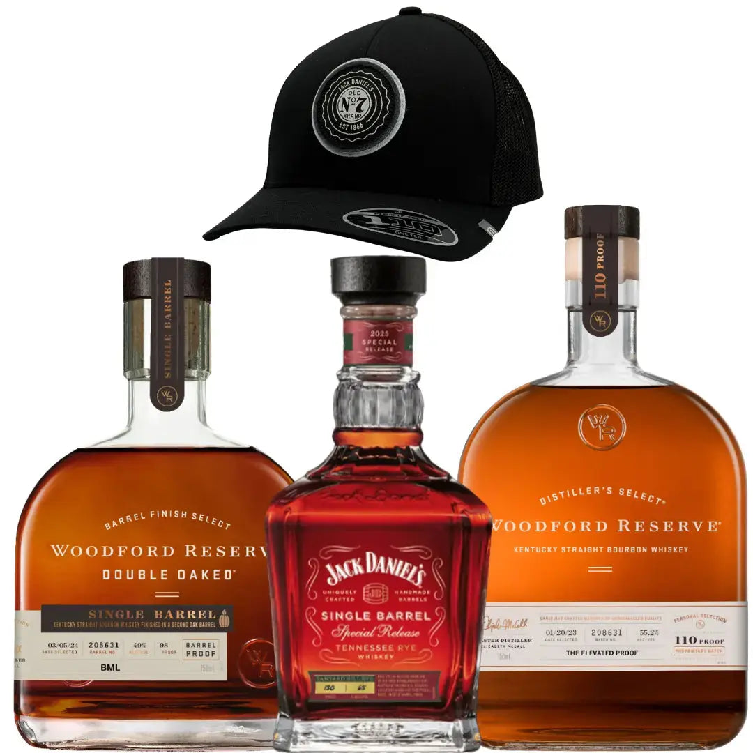 Barrel Icon Bundle: Jack Daniel’s Tanyard Hill Rye 2025 + Woodford Reserve 110 Proof Store Pick + Double Oaked Single Barrel Strength BML + Free JD Travis Mathew collab hat - Main Street Liquor