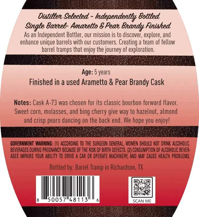 Barrel Tramp Straight Bourbon Whiskey Finished in Amaretto &amp; Pear Brandy Casks Single Barrel Cask Strength - Main Street Liquor