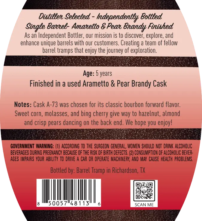 Barrel Tramp Straight Bourbon Whiskey Finished in Amaretto & Pear Brandy Casks Single Barrel Cask Strength - Main Street Liquor