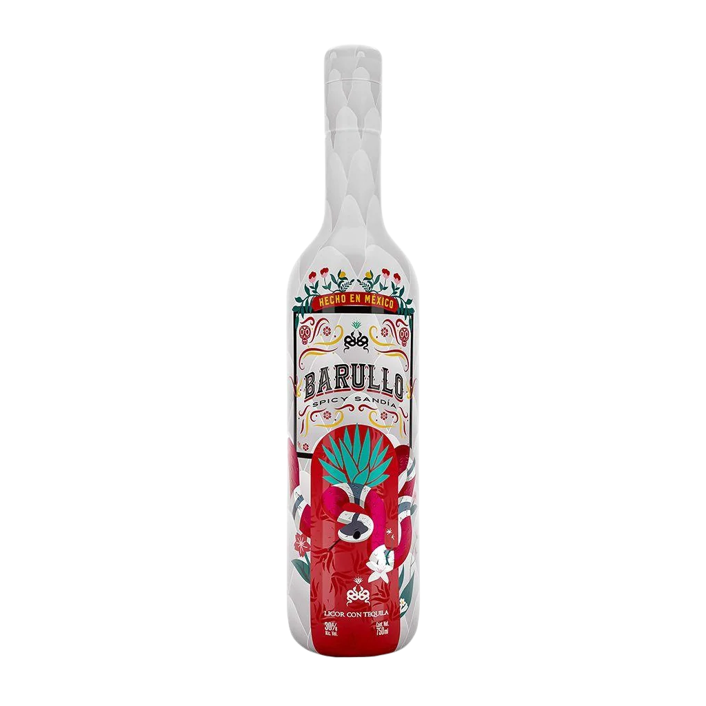A 750ml bottle of Barullo Spicy Watermelon Sandía Liqueur—a vibrant, Mexican-inspired spirit—adorned with a colorful label displaying watermelon, chili, and agave illustrations, and “Hecho en Mexico” text at the top.