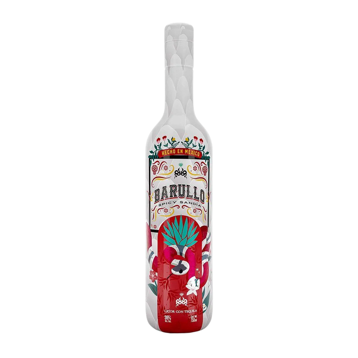 A 750ml bottle of Barullo Spicy Watermelon Sandía Liqueur—a vibrant, Mexican-inspired spirit—adorned with a colorful label displaying watermelon, chili, and agave illustrations, and “Hecho en Mexico” text at the top.