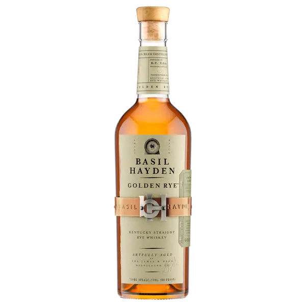 A bottle of Basil Hayden's Golden Rye Kentucky Straight Rye Whiskey features a light tan label with gold accents, a tan cork, and a metal band detailing the whiskey's name and type.