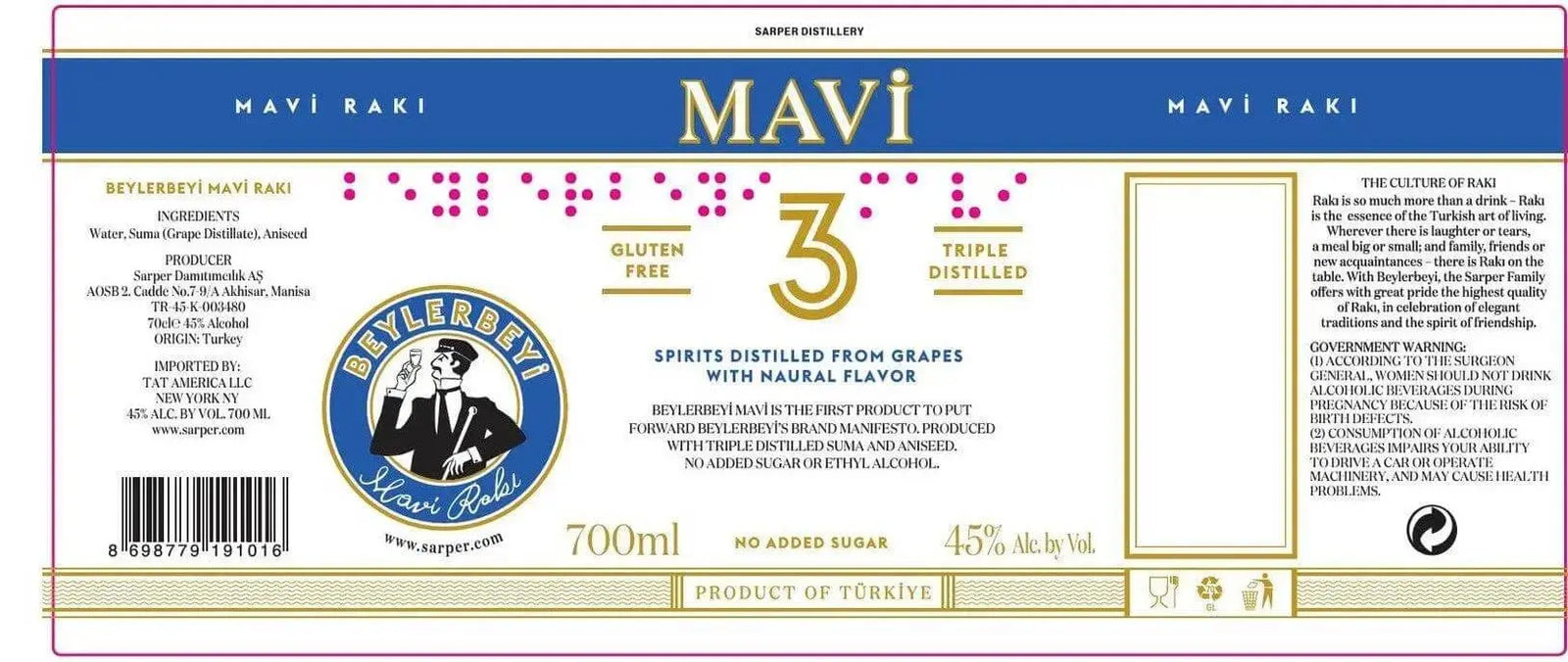 Beylerbeyi Mavi Raki Triple Distilled 700ml - Main Street Liquor