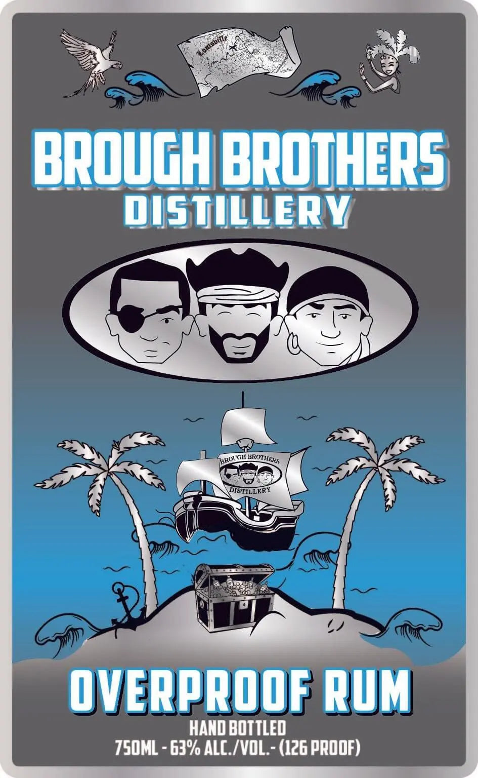 Brough Brothers Overproof Rum label featuring distillery logo and tropical design, showcasing 63% ABV and hand bottled details.