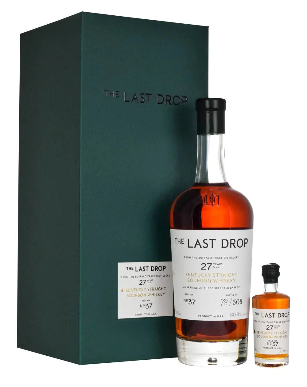 A large and small bottle of The Last Drop 27 Year-Old Kentucky Straight Bourbon Whiskey Release No. 37 by Buffalo Trace stand beside a dark green box emblazoned with THE LAST DROP.