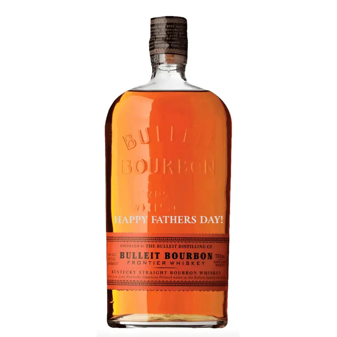 The Bulleit Bourbon "HAPPY FATHERS DAY!" Engraved Bottle features classic amber whiskey and a black cap—an ideal Bulleit gift for Father’s Day.