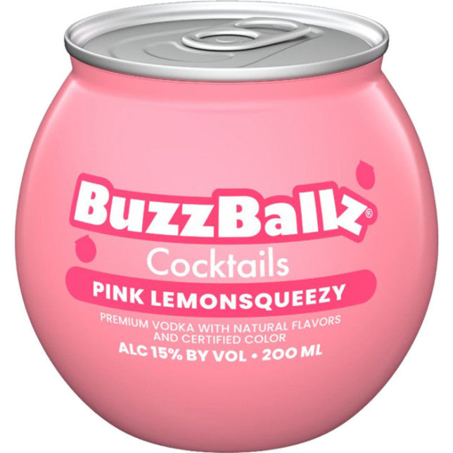 A round, pink 200ml BuzzBallz Pink LemonSqueezy Cocktail can blends premium vodka with pink lemonade flavor, contains 15% ABV, and is made by Buzzballz with natural flavors and certified color.
