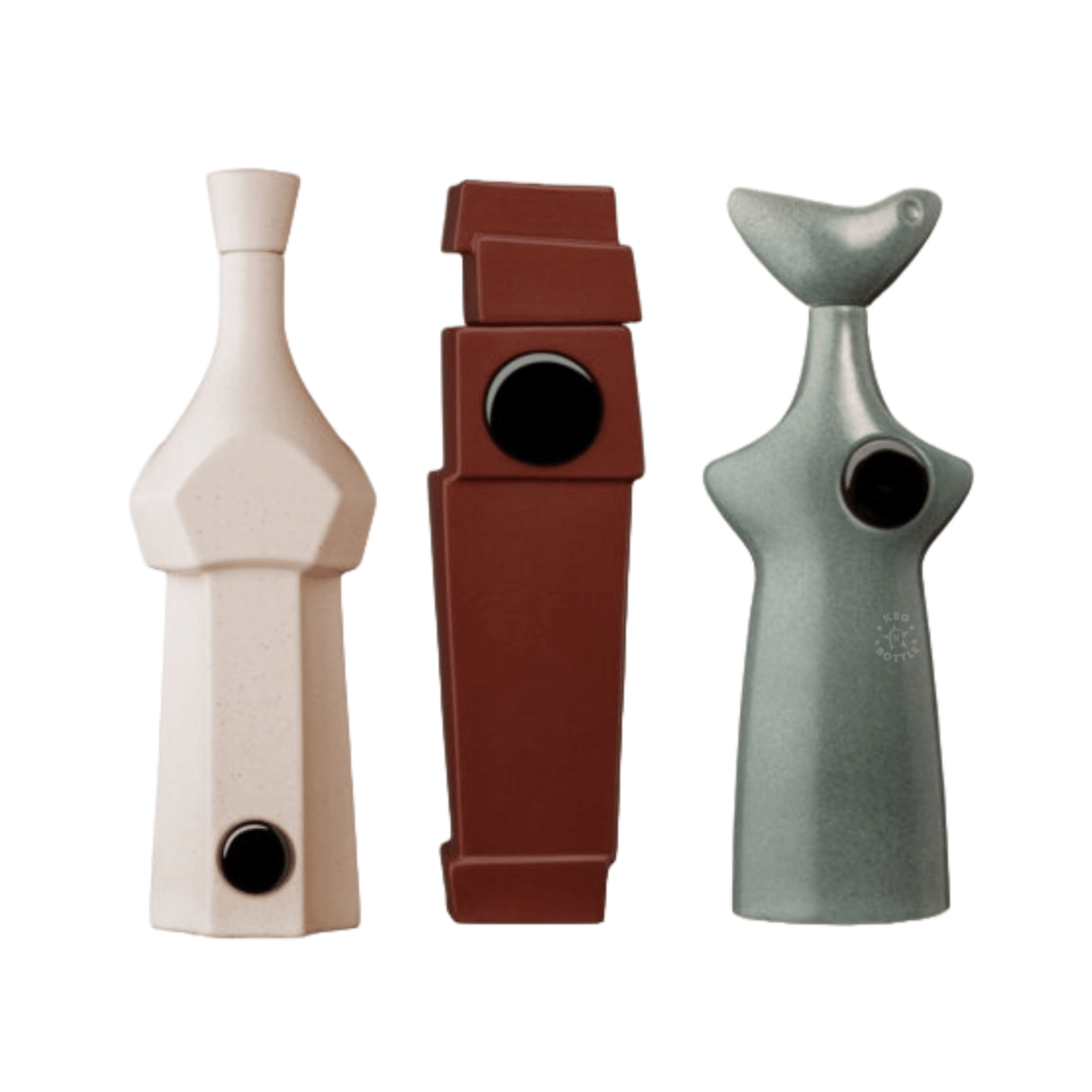 The Casa Obsidiana Tequila Combo Pack (3x750mL) features three modern ceramic vases in cream, rust, and green with unique geometric designs; the green vase has a bird-shaped top, inspired by Casa Obsidiana.