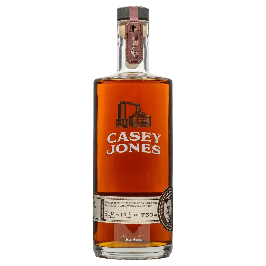 A 750ml bottle of Casey Jones Amburana Finished Barrel Cut Limited Edition bourbon from Casey Jones Distillery features a brown label with a still graphic, bold white text, and displays its alcohol content and batch details near the base.