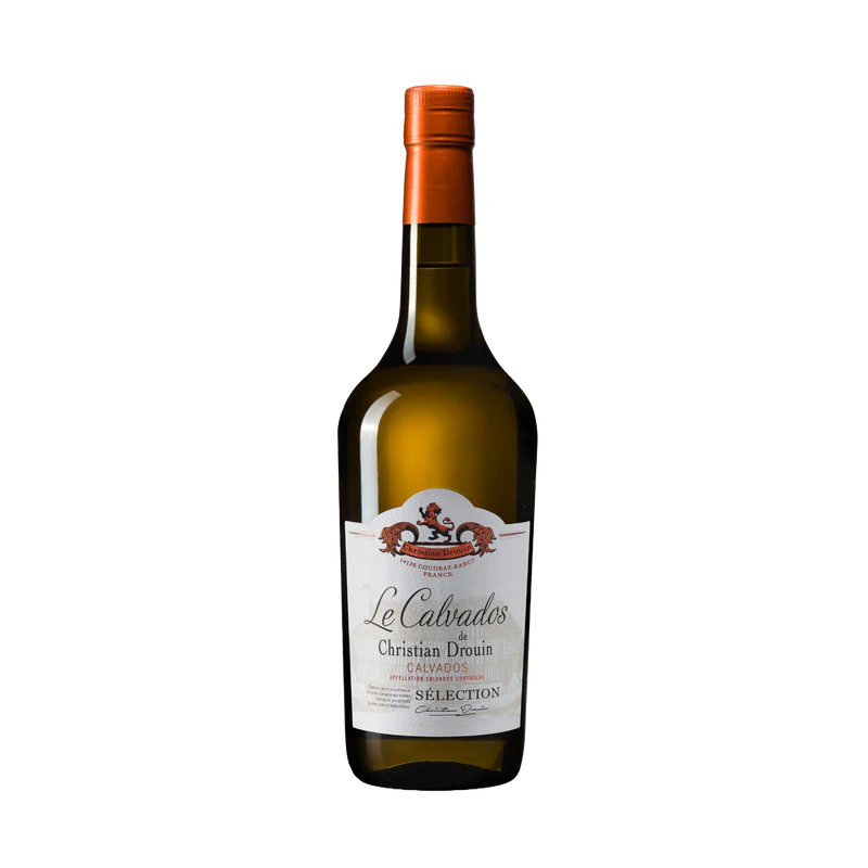 A bottle of Christian Drouin Calvados Sélection apple brandy with a white label and orange cap is shown against a plain white background.