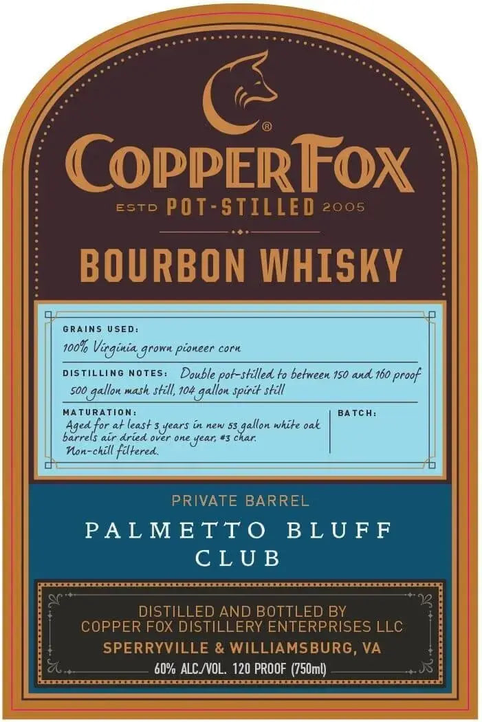 Copper Fox Bourbon Whisky – Private Barrel Palmetto Bluff Club - Main Street Liquor